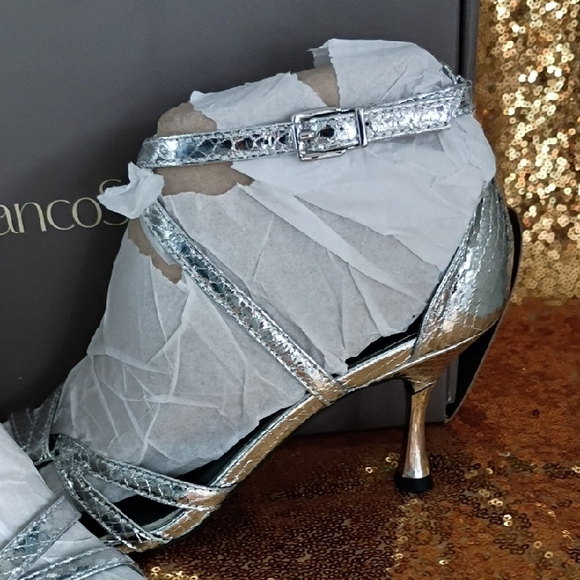 Franco Sarto Metallic Silver Strappy Kitten Heels - Picture 4 of 7